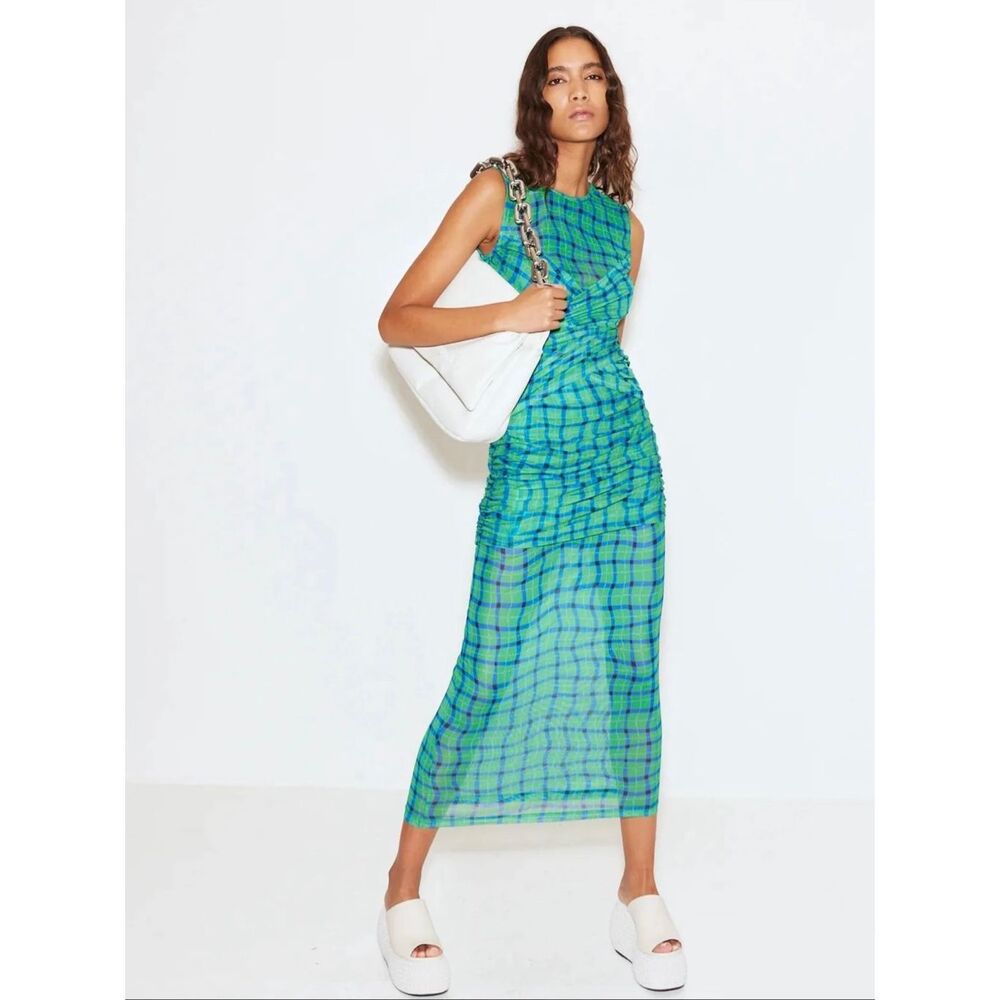 Simon Miller Sz M Kinny Ruched Plaid Mesh Midi Dress Anthropologie Green Blue - Picture 12 of 12